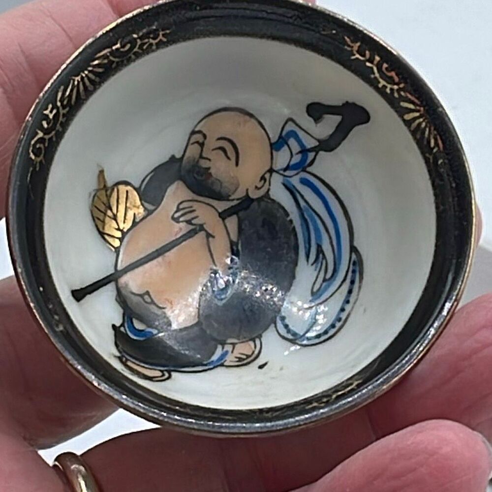 Vintage Japanese Kutani ware sake cup hand painted Lucky God.